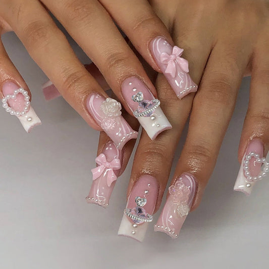 Bow Tie Pearl Heart Pink Nails – Sweet & Romantic🎀 MERLIÁ