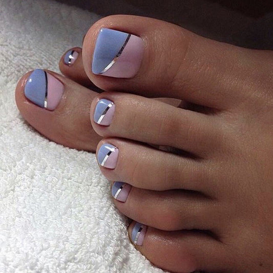 Feet Press-On Nails – Pink & Blue with Silver Line MERLIÁ