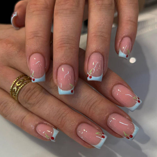 Cherry Pattern Blue French Press-On Nails🍒 MERLIÁ
