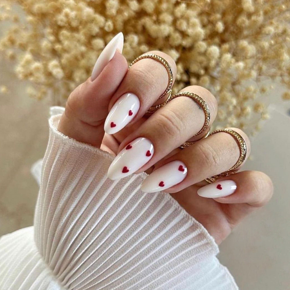 Milky White Almond Nails - Heart Pattern ❤️ MERLIÁ