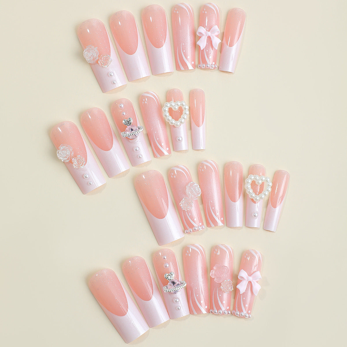 Bow Tie Pearl Heart Pink Nails – Sweet & Romantic🎀 MERLIÁ